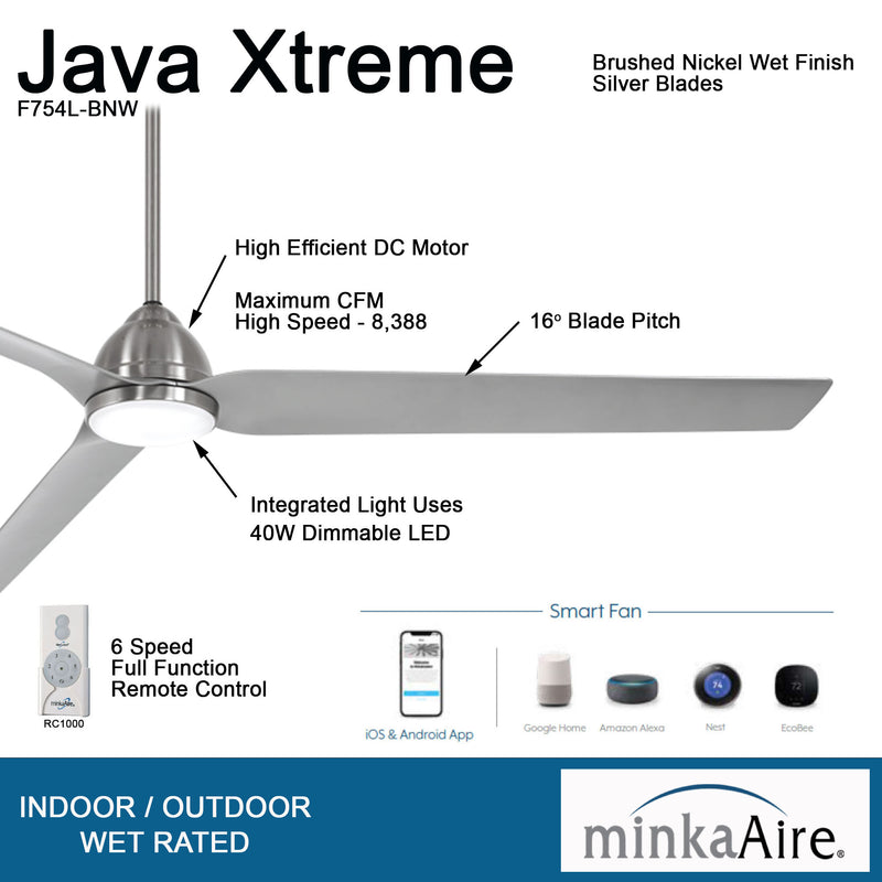 Minka Aire Java Xtreme F754L-BNW 84-Inch Wet Smart LED Outdoor Ceiling Fan in Brushed Nickel with Remote