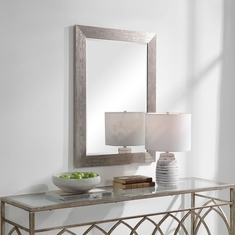 Struxe Silver Tones Mirror | Modern Rectangle Engineered Polymer Frame Bathroom Vanity Mirror Mounted Vertical or Horizontal (26 in. W x 36 in. H x 1 in. D)