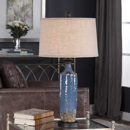Trenlo Blue Textured Modern Ceramic Table Lamp with Khaki Linen Shade (30" H Lamp with 10" H x 15" W Shade)