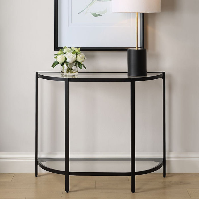 Orluna Console Table | Satin Black with Tempered Glass Shelves (36 in. W x 30 in. H x 12 in. D)