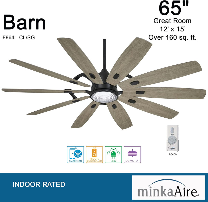 Minka Aire Barn F864L-CL/SG 65-Inch LED Smart Modern Ceiling Fan in Coal Black with Seashore Grey Blades and Remote