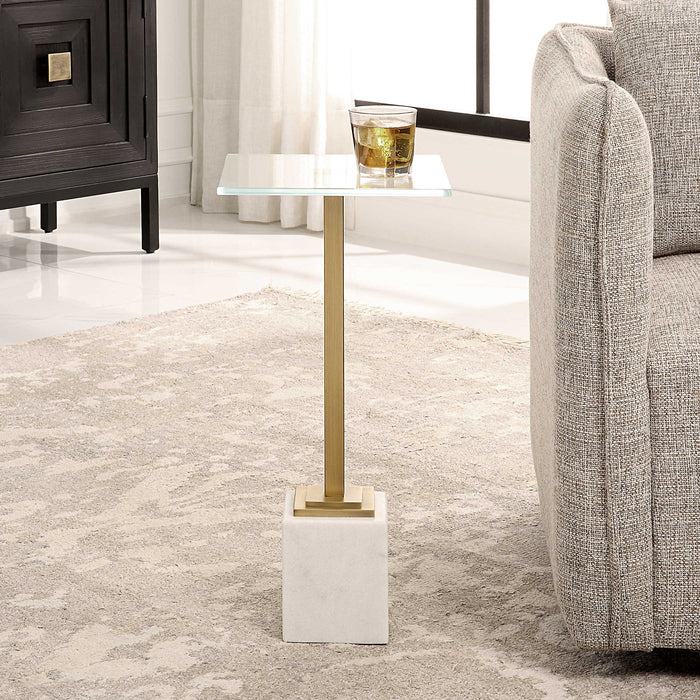 Moss + Fig Marble Drink Table | White Marble and Brushed Brass End Table (Modern Pedestal Table 11 W x 24 H x 11 D inches)