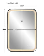 Uttermost Crofton 09861 black modern LED rectangle bathroom vanity mirror with integrated lighting, frosted strip mirror, and satin black metal frame, 22 in. W x 32 in. H