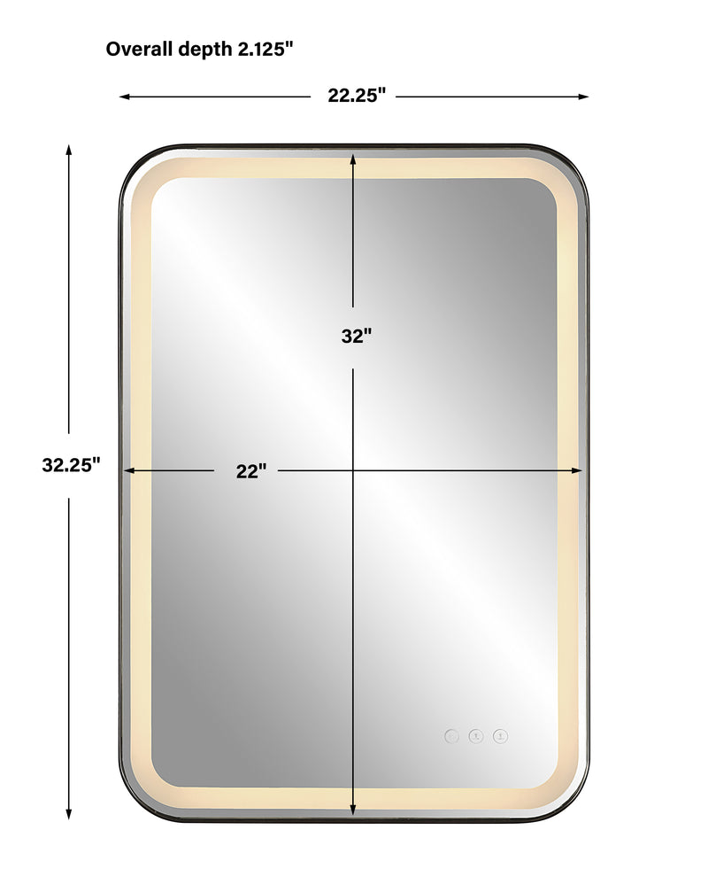 Uttermost Crofton 09861 black modern LED rectangle bathroom vanity mirror with integrated lighting, frosted strip mirror, and satin black metal frame, 22 in. W x 32 in. H