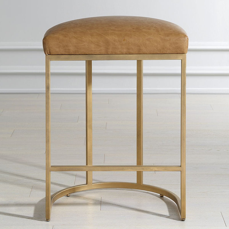 Stellix Antique Brushed Brass Counter Stool | Modern Iron Frame with Camel Colored Faux Leather Cushion  (19 in. W x 26 in. H x 14 in. D)