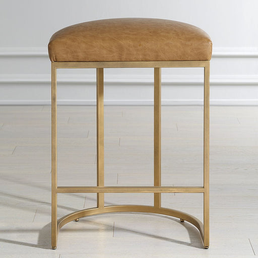 Stellix Antique Brushed Brass Counter Stool | Modern Iron Frame with Camel Colored Faux Leather Cushion  (19 in. W x 26 in. H x 14 in. D)