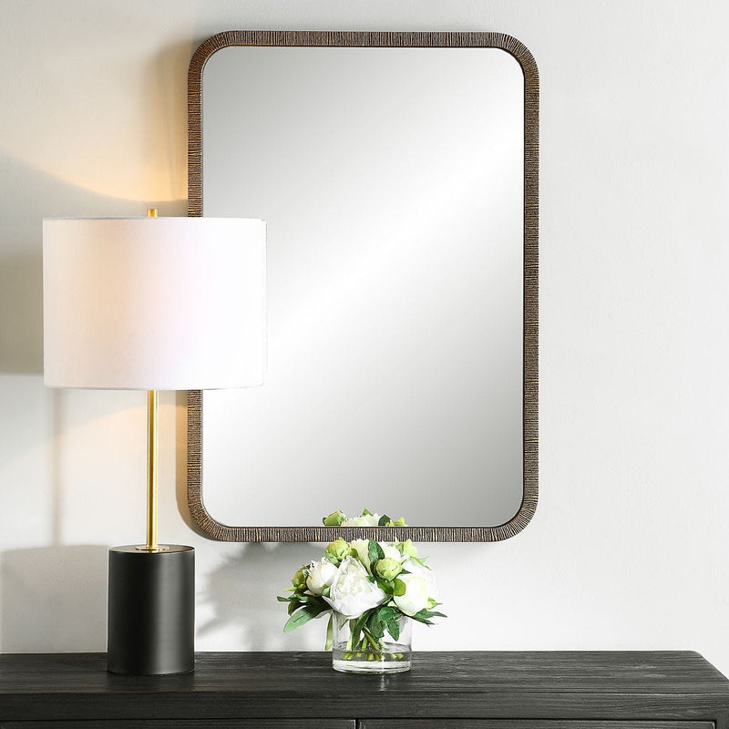 Branik Antique Gold Mirror | Modern Rectangle Frame Bathroom Vanity Mirror with Rounded Corners Mounted Vertical or Horizontal (22 in. W x 32 in. H x 1 in. D)