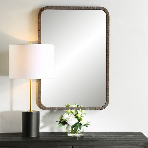 Branik Antique Gold Mirror | Modern Rectangle Frame Bathroom Vanity Mirror with Rounded Corners Mounted Vertical or Horizontal (22 in. W x 32 in. H x 1 in. D)