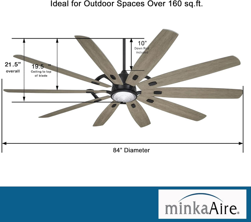 Minka Aire Barn H2O F865L-CL/SG 84-Inch Smart LED Outdoor Modern Ceiling Fan in Coal Black with Seashore Grey Blades and Remote
