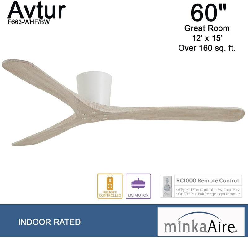 Minka Aire Avtur F663-WHF/BW 60-Inch Hugger Flush Mount Ceiling Fan in Flat White with Remote