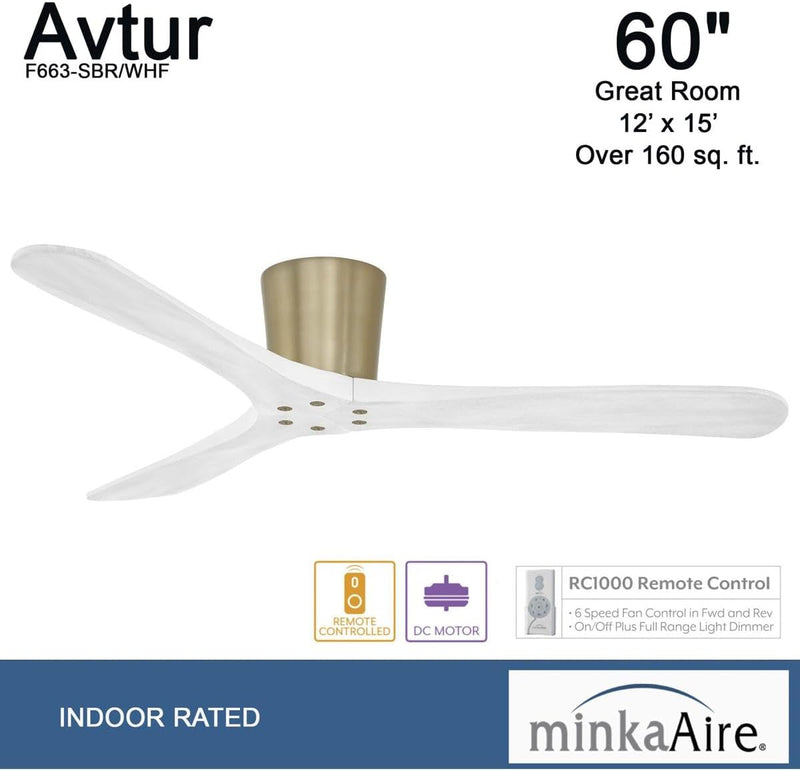 Minka Aire Avtur F663-SBR/WHF 60-Inch Hugger Flush Mount Ceiling Fan in Soft Brass with Remote
