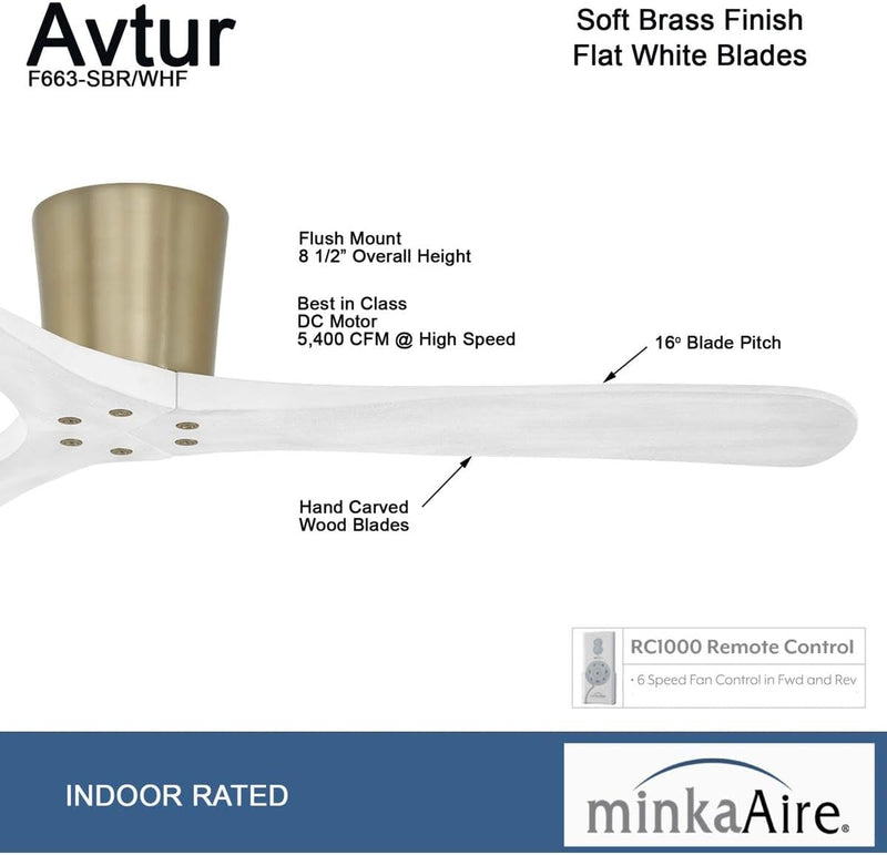 Minka Aire Avtur F663-SBR/WHF 60-Inch Hugger Flush Mount Ceiling Fan in Soft Brass with Remote