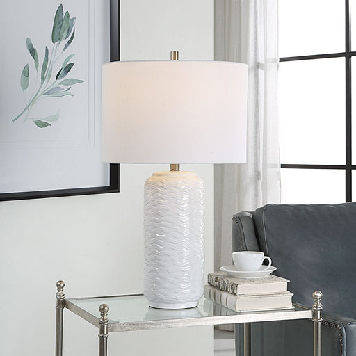 Tivora White Modern Ceramic Table Lamp with White Linen Shade (27" H Lamp with 10" H x 15" W Shade)