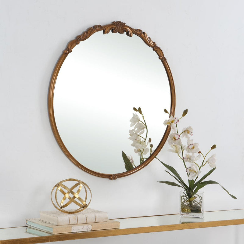 Gildara Antique Gold Mirror | Classic Ornate Round Engineered Wood Frame Bathroom Vanity Mirror (28 in. W x 29 in. H x 1 in. D)