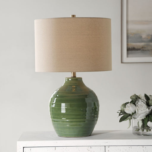 Velmere Moss Green Glaze Modern Ceramic Table Lamp with Beige Linen Shade (23" H Lamp with 10" H x 15" W Shade)