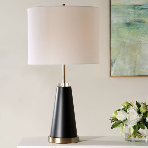 Skylen Black Modern Metal Table Lamp with Off White Linen Shade (28" H Lamp with 11" H x 15" W Shade)