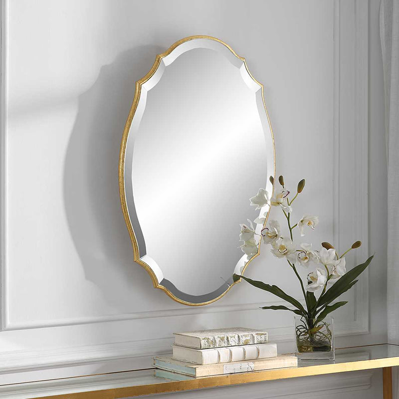 Domari Antique Metallic Gold Leaf Mirror | Modern Oval Engineered Wood Frame Bathroom Vanity Mirror Mounted Vertical or Horizontal (20 in. W x 30 in. H x 1 in. D)