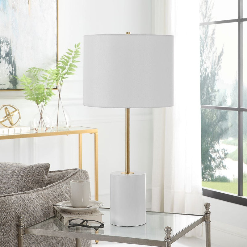 Zelim White with Gold Modern Metal Table Lamp with White Linen Shade (28" H Lamp with 10" H x 13" W Shade)