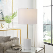 Zelim White with Gold Modern Metal Table Lamp with White Linen Shade (28" H Lamp with 10" H x 13" W Shade)