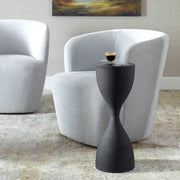 Gravon Accent Table | Textured Sandpaper Black and High Gloss Black Top (9 in. W x 24 in. H)
