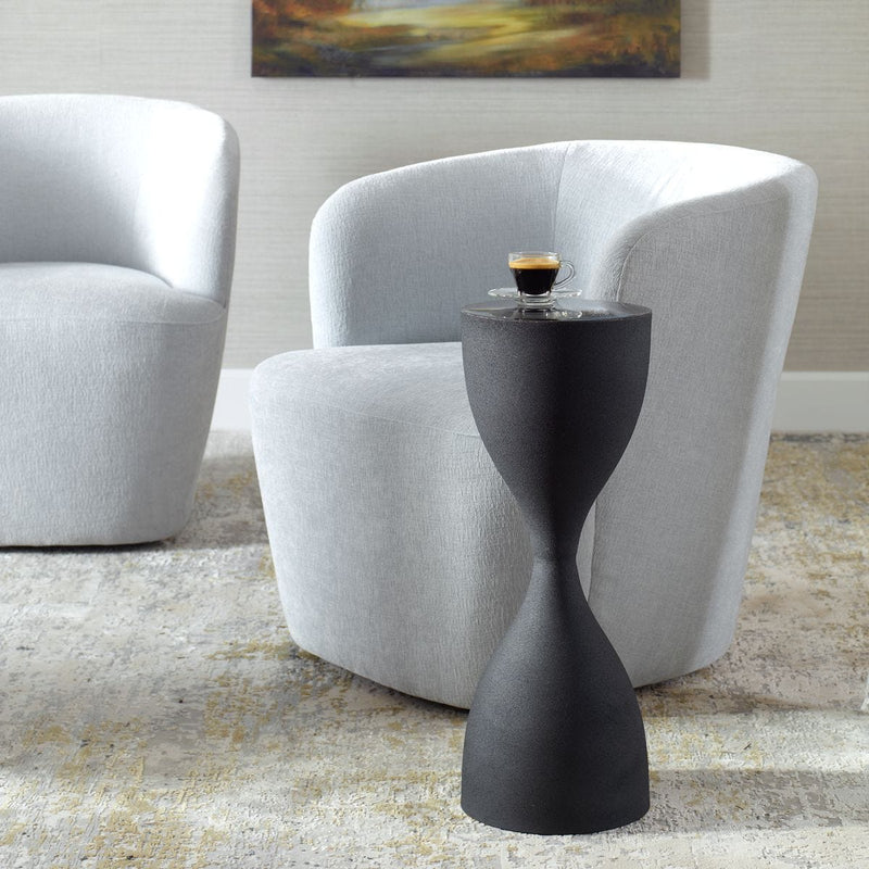 Gravon Accent Table | Textured Sandpaper Black and High Gloss Black Top (9 in. W x 24 in. H)