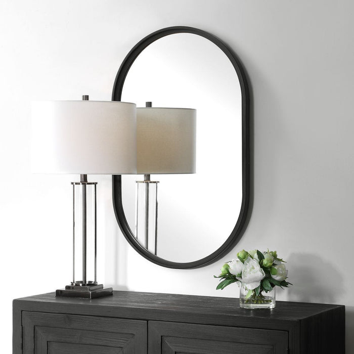 Capsol Satin Black Mirror | Modern Oval Iron Frame Bathroom Vanity Mirror Mounted Vertical or Horizontal (22 in. W x 35 in. H x 1 in. D)