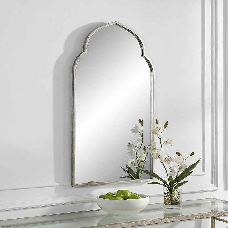 Marzala Antique Silver Mirror | Modern Arch Iron Frame Bathroom Vanity Mirror (22 in. W x 38 in. H x 1 in. D)