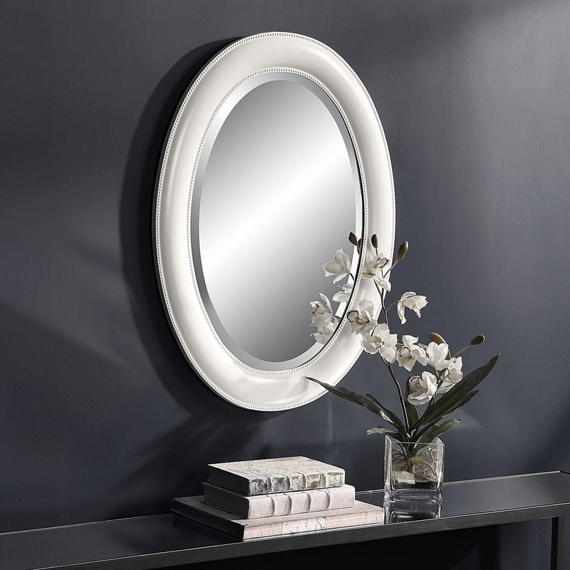 Avara Pure White Mirror | Modern Oval Polystyrene Frame Bathroom Vanity Mirror Mounted Vertical or Horizontal (22 in. W x 29 in. H x 1 in. D)