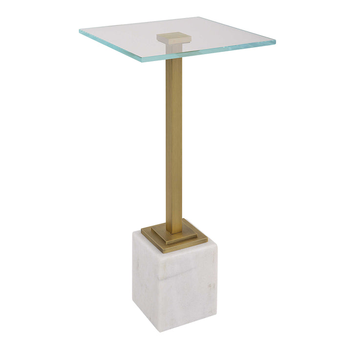 Moss + Fig Marble Drink Table | White Marble and Brushed Brass End Table (Modern Pedestal Table 11 W x 24 H x 11 D inches)