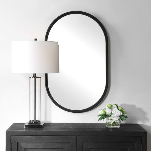 Capsol Satin Black Mirror | Modern Oval Iron Frame Bathroom Vanity Mirror Mounted Vertical or Horizontal (22 in. W x 35 in. H x 1 in. D)