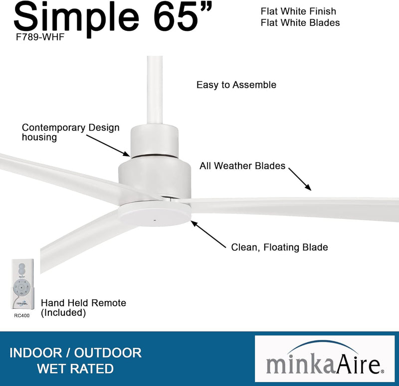 Minka Aire Simple 65" Outdoor Flat White Ceiling Fan with Remote Control