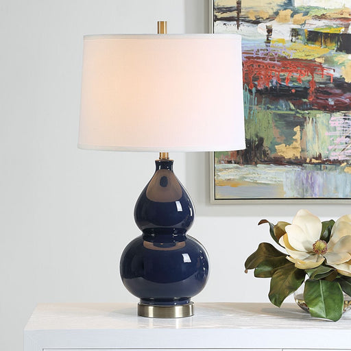 Hollis Navy Blue Glaze Modern Ceramic Table Lamp with White Linen Shade (26" H Lamp with 10" H x 15" W Shade)