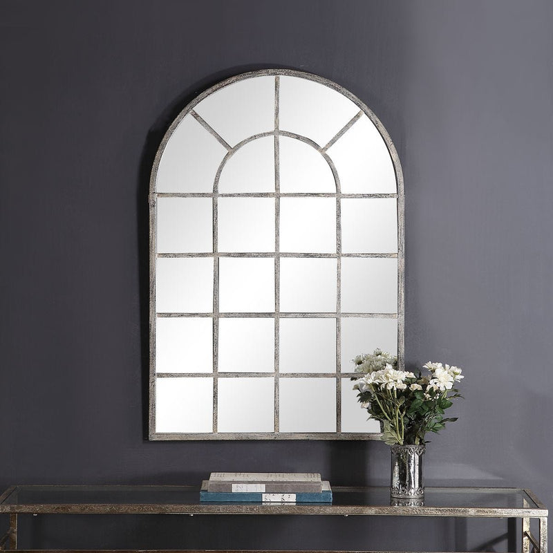 Fenestra Antique Rustic Gray Mirror | Modern Arch Windowpane Iron Frame Mirror (30 in. W x 44 in. H x 1 in. D)