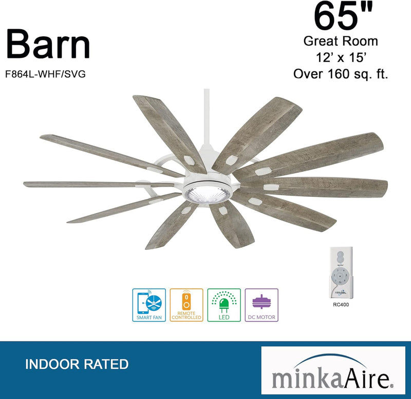 Minka Aire Barn F864L-WHF/SVG 65-Inch LED Indoor Smart Modern Ceiling Fan in Flat White with Soft Grey Blades and Remote