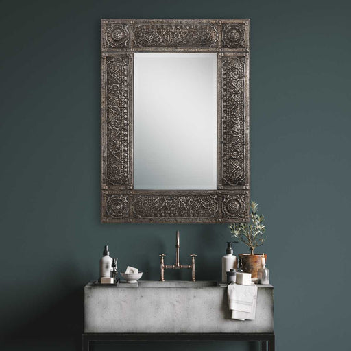 Marque Antique Rust Gray Mirror | Classic Ornate Rectangle Embossed Metal Frame Bathroom Vanity Mirror Mounted Vertical or Horizontal (30 in. W x 40 in. H x 2 in. D)