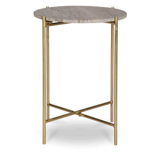 Norvik Accent Table | Iron Gold Frame and Travertine Stone Top (16 in. W x 22 in. H x 16 in. D)