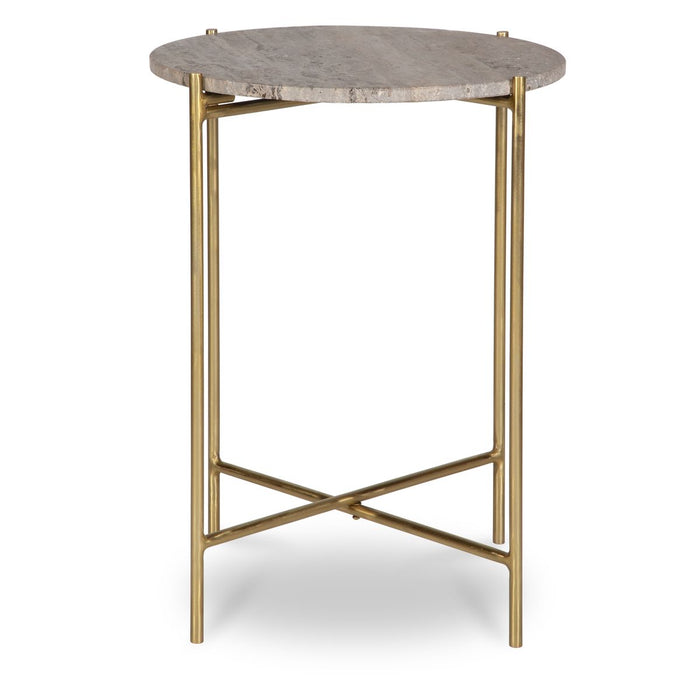 Norvik Accent Table | Iron Gold Frame and Travertine Stone Top (16 in. W x 22 in. H x 16 in. D)