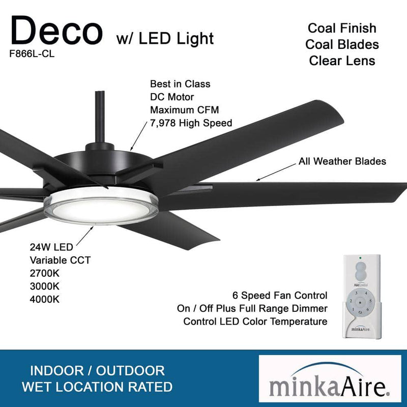Minka Aire Deco F866L-CL 65-Inch LED Outdoor Modern Ceiling Fan in Coal Black with Remote
