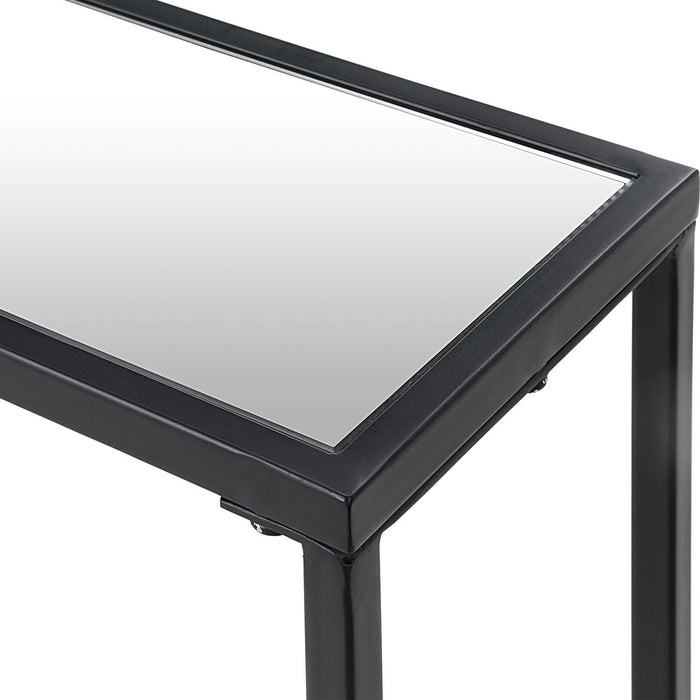 Tivlo Console Table | Satin Black with Mirrored Top and Tempered Glass Bottom (56 in. W x 30 in. H x 8 in. D)