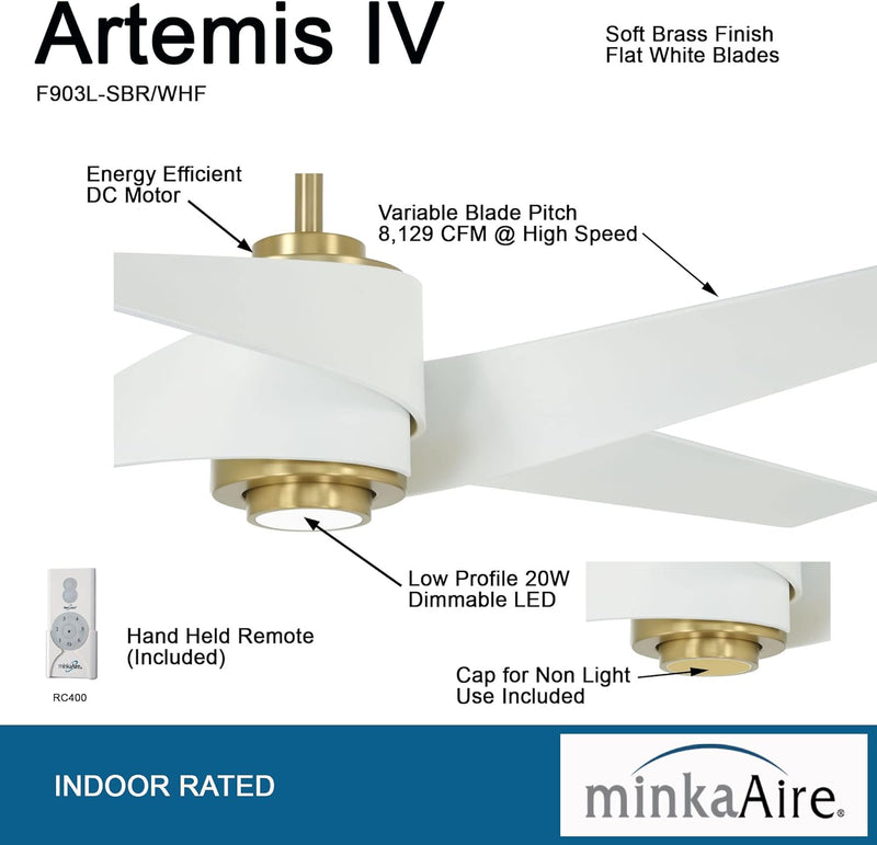 Minka Aire Artemis IV F903L-SBR/WHF 64-Inch LED Modern Ceiling Fan in Soft Brass with Flat White Blades and Remote