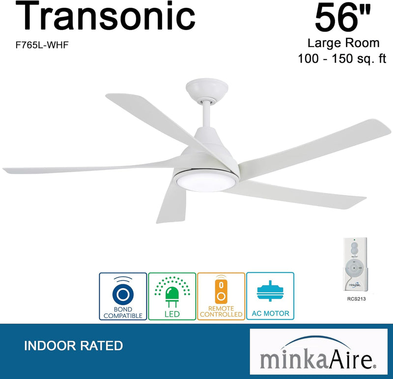 Minka Aire F765L-WHF Transonic 56" Flat White LED Ceiling Fan + Remote Control - ALCOVE LIGHTING