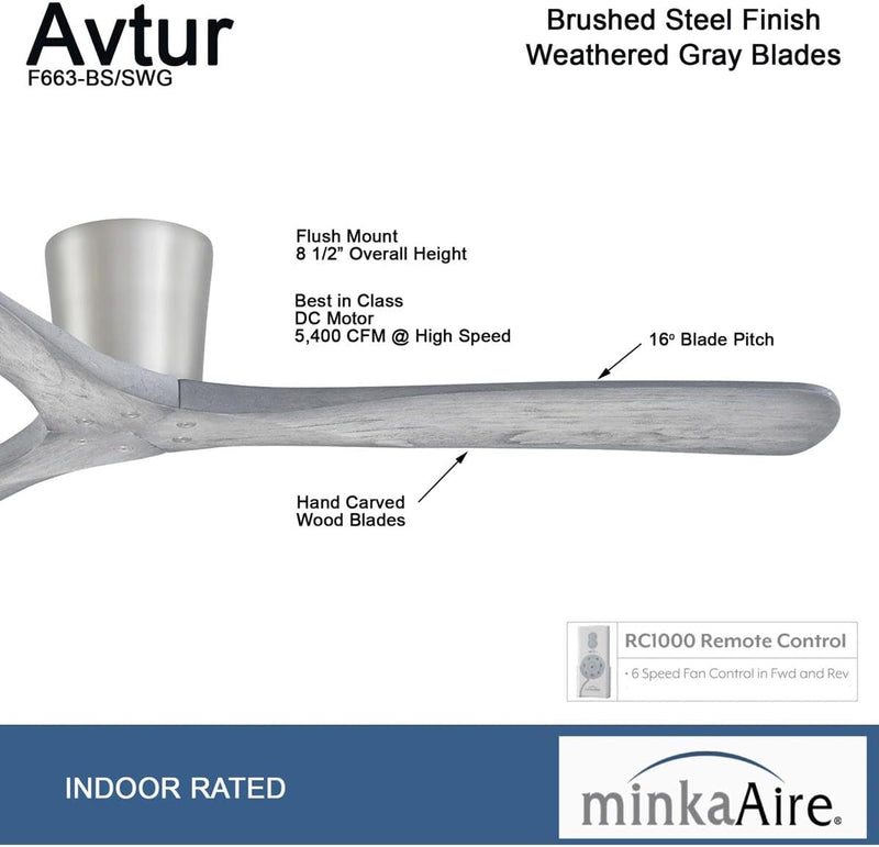Minka Aire Avtur F663-BS/SWG 60-Inch Hugger Flush Mount Ceiling Fan in Brushed Steel with Remote