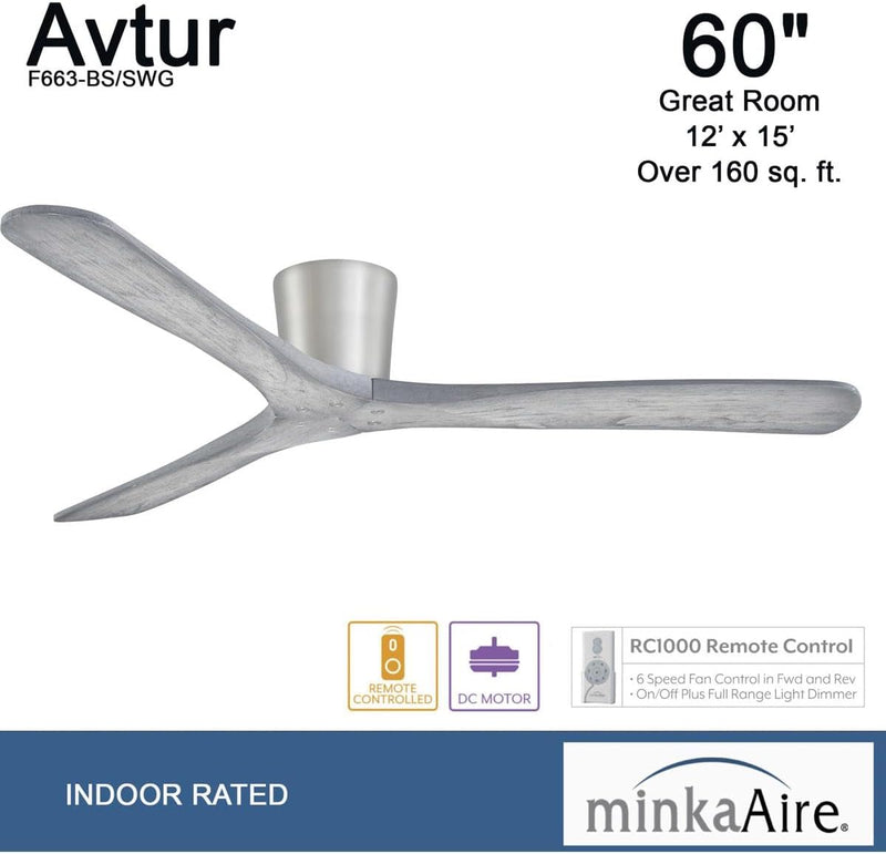 Minka Aire Avtur F663-BS/SWG 60-Inch Hugger Flush Mount Ceiling Fan in Brushed Steel with Remote