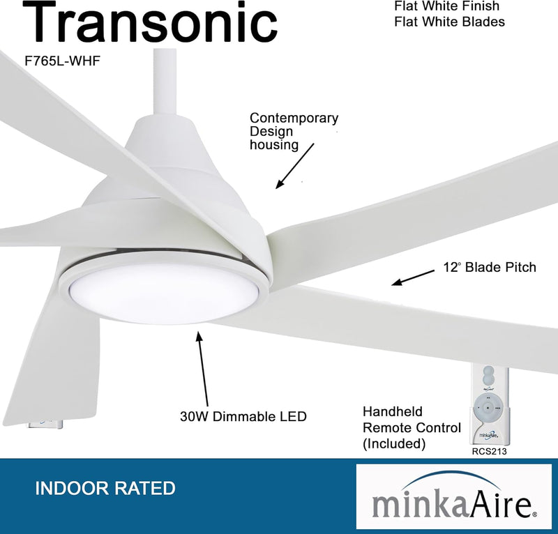 Minka Aire F765L-WHF Transonic 56" Flat White LED Ceiling Fan + Remote Control - ALCOVE LIGHTING
