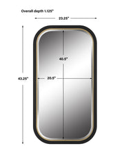 Uttermost Nevaeh 09880 black and gold modern rectangle bathroom vanity mirror with curved satin black frame and gold leaf inner edge, 23 in. W x 43 in. H