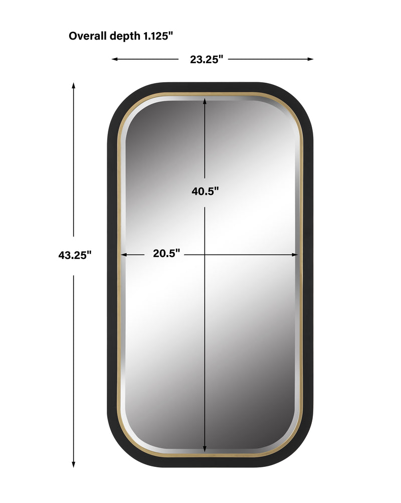 Uttermost Nevaeh 09880 black and gold modern rectangle bathroom vanity mirror with curved satin black frame and gold leaf inner edge, 23 in. W x 43 in. H