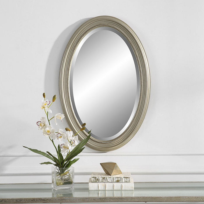 Ovira Metallic Silver Mirror | Modern Oval Polystyrene Frame Bathroom Vanity Mirror Mounted Vertical or Horizontal (21 in. W x 31 in. H x 1 in. D)