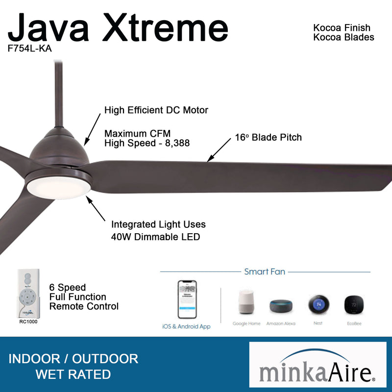Minka Aire Java Xtreme F754L-KA 84-Inch Wet Smart LED Outdoor Ceiling Fan in Kocoa with Remote