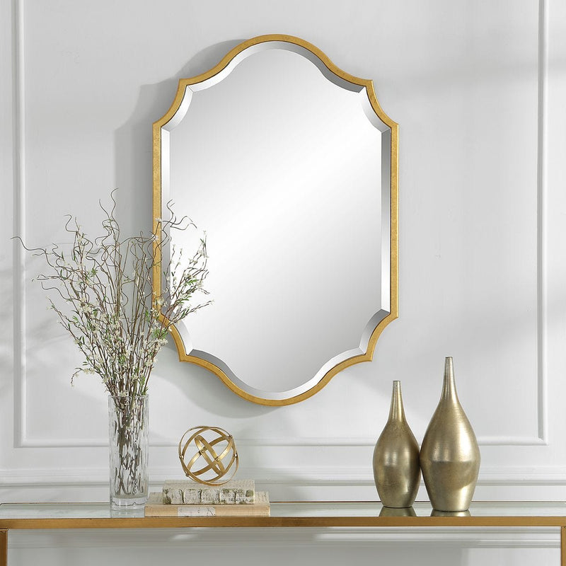 Domari Gold Leaf Mirror | Modern Oval Engineered Wood Frame Bathroom Vanity Mirror Mounted Vertical or Horizontal (27 in. W x 41 in. H x 1 in. D)