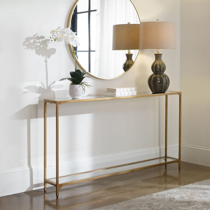 Tivlo Console Table | Warm Gold with Mirrored Top and Tempered Glass Bottom (56 in. W x 30 in. H x 8 in. D)